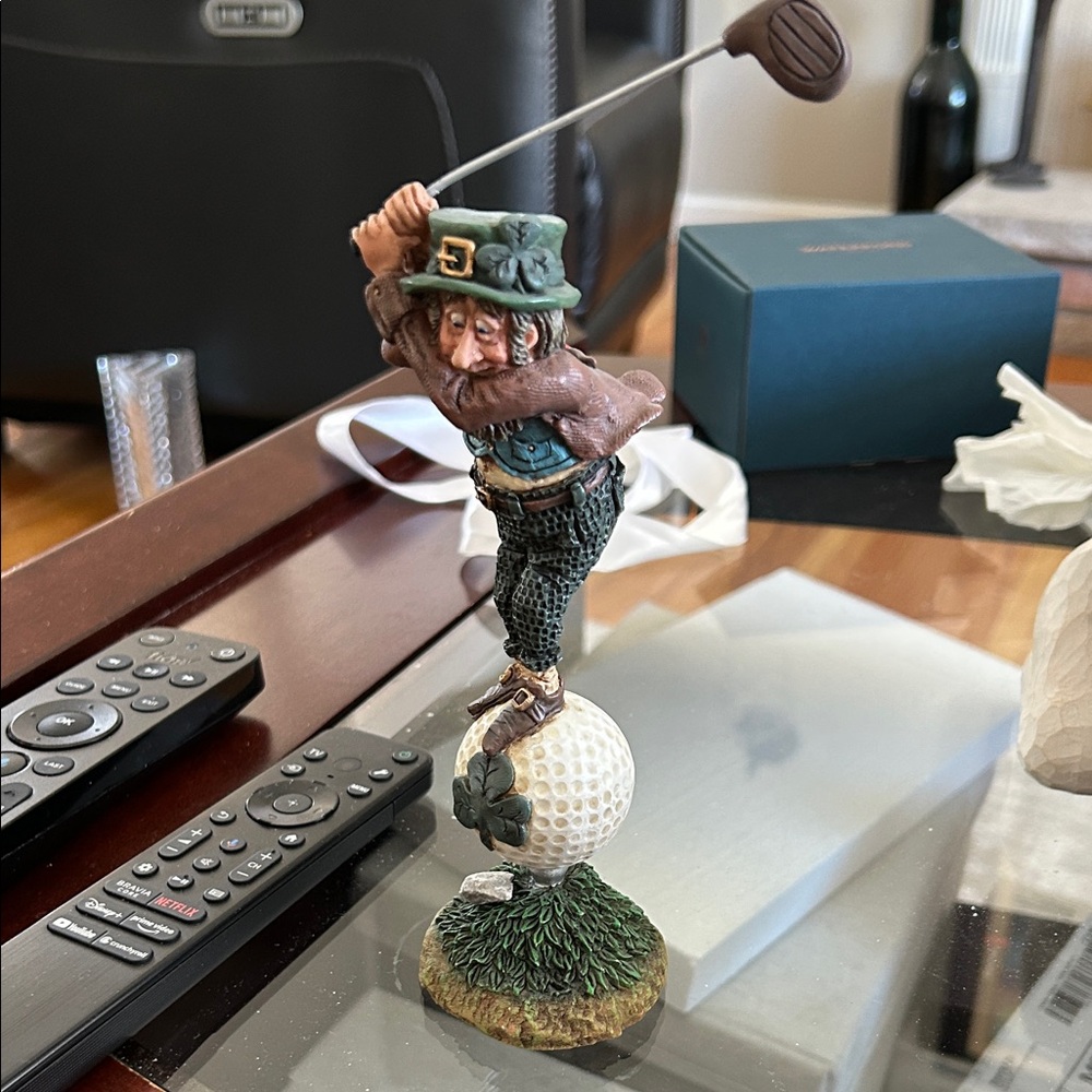 Whimsical Golfer Leprechaun Sculpture - Green and Brown